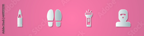 Set paper cut Bullet, Footsteps, Flashlight and Thief mask icon. Paper art style. Vector