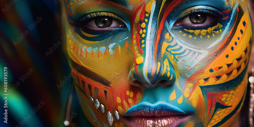 Frauen Gesicht mit Bodypainting in Fashion Kriegsbemahlung Nahaufnahme, ai generativ