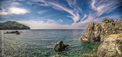 Coastline with ocean and rock formationas in Levanto, Cinque Terre, Italy photo