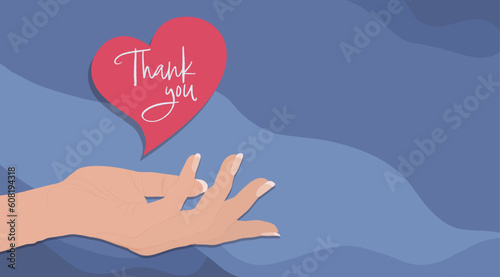 Red heart floating with text -Thank You- on a woman open hand. Gratitude and appreciation concept. Volunteer. Banner copy space blue background