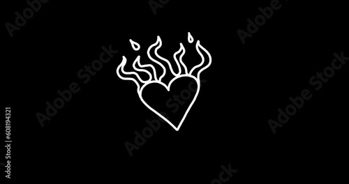  Animated Heart Sticker Pack: Fire Heart, Round Frame, Crown, Shimmering Hearts. Cute Kids Sticker in Doodle Style Isolated on Black. Hand-Drawn Loop 4K Video on Transparent Background, Alpha Channel.