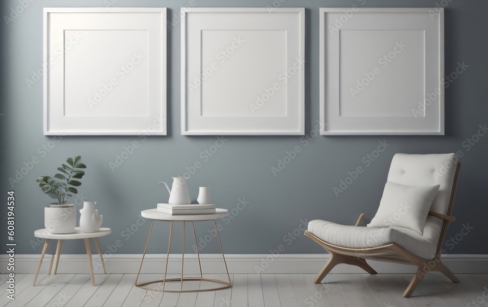 Triple frame mounted in a wall, white frame mockup. Generative AI.