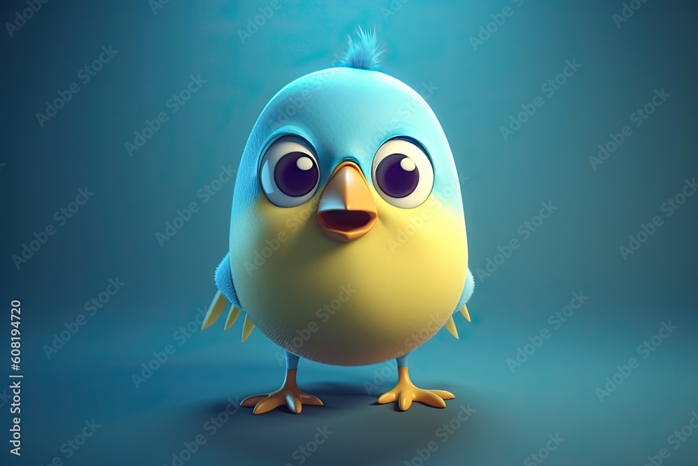 Funny image of a 3D cartoon bird in blue and yellow colors with a blue background. Generative AI Funny image of a 3D cartoon bird in blue and yellow colors with a blue background. Generative AI