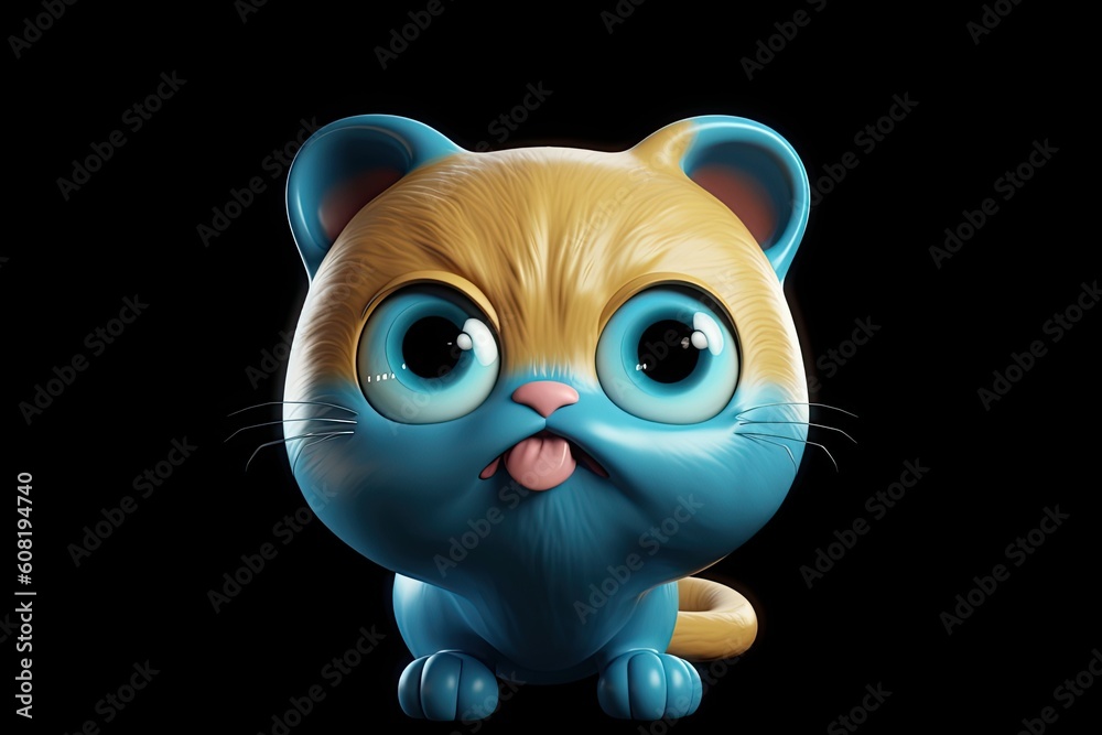 Funny image of a 3D cartoon cat in blue and yellow colors with a blue background. Generative AI