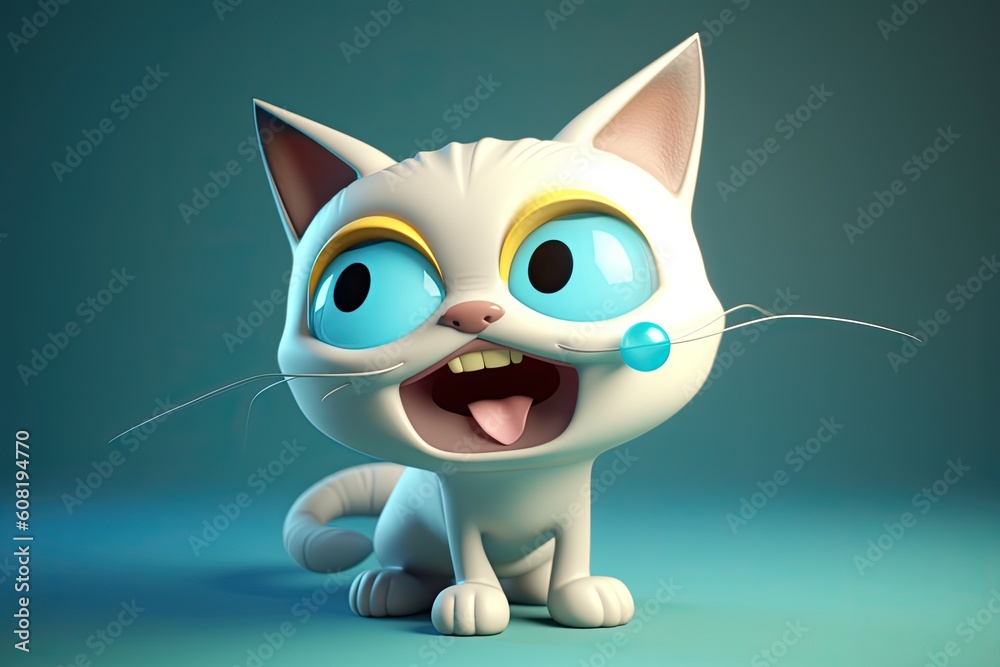 Funny image of a 3D cartoon cat in blue and yellow colors with a blue background. Generative AI