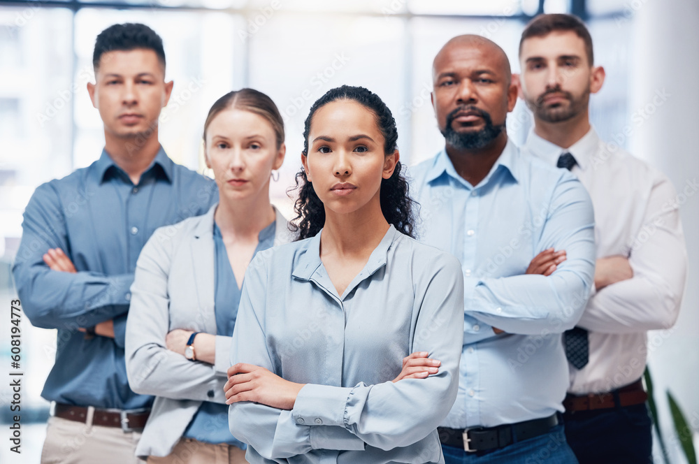Confident group of business people in portrait with arms crossed, confidence and pride at HR company. Teamwork, commitment and diversity, vision team with woman leadership in human resources office. Confident group of business people in portrait with arms crossed, confidence and pride at HR company. Teamwork, commitment and diversity, vision team with woman leadership in human resources office.