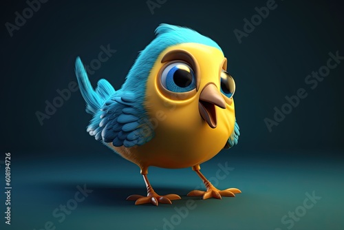 Funny image of a 3D cartoon bird in blue and yellow colors with a blue background. Generative AI