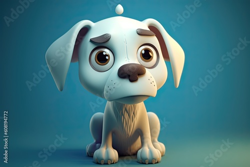 Funny image of a 3D cartoon dog in blue and yellow colors with a blue background. Generative AI