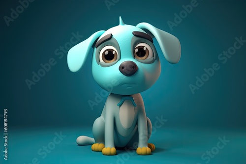 Funny image of a 3D cartoon dog in blue and yellow colors with a blue background. Generative AI