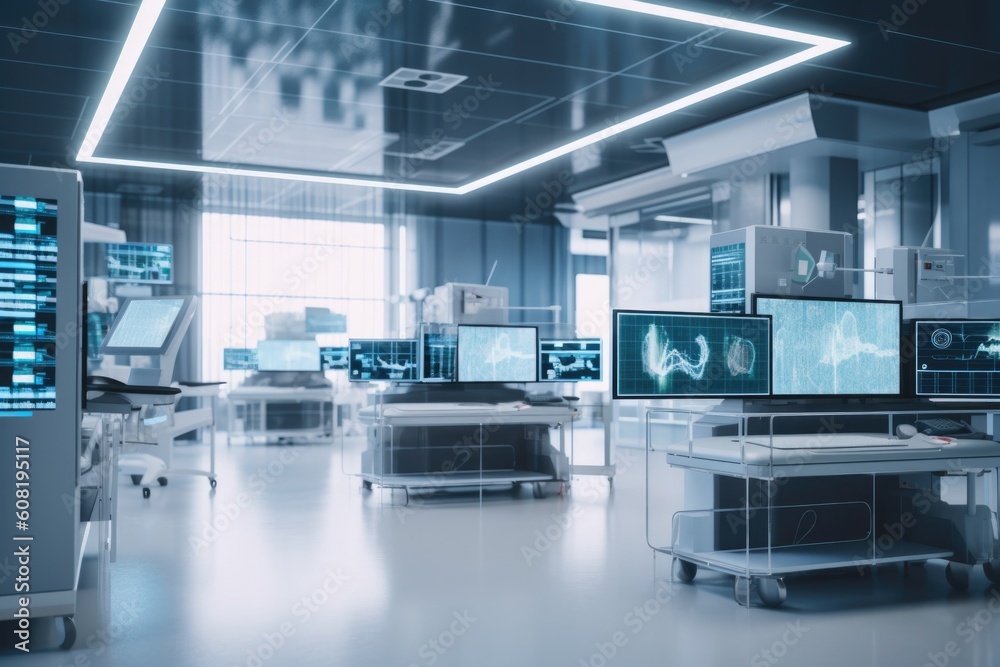 modern hospital ward, with ai-driven medical devices monitoring patients in the background, created with generative ai modern hospital ward, with ai-driven medical devices monitoring patients in the background, created with generative ai