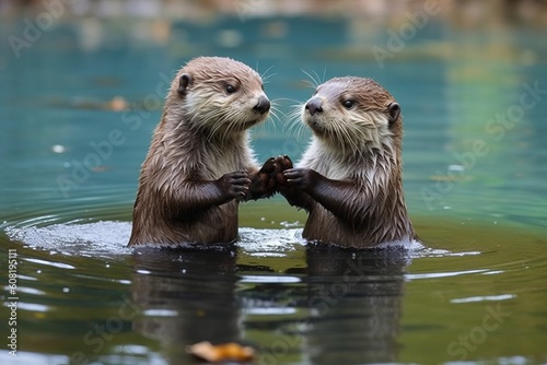 adorable affection between otters in water. Generative AI © Andreas