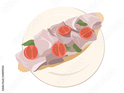 Vector illustration of a bruschetta with prosciutto