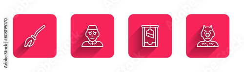 Set line Witches broom, Priest, Guillotine and Krampus, heck with long shadow. Red square button. Vector