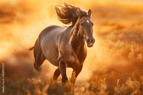 horse kicking up dust in a sunlit meado. Generative AI