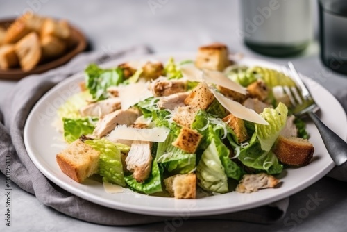 stylish plate of chicken caesar salad with croutons, parmesan cheese, and homemade dressing, created with generative ai