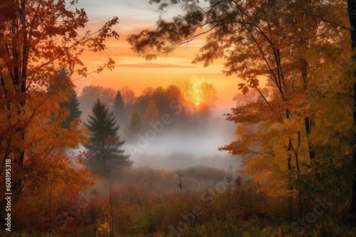 a misty sunrise over the forest, with the trees in their autumn colors, created with generative ai