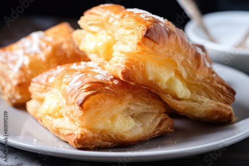 plate of flaky puff pastries filled with soft and creamy cheeses, created with generative ai photo