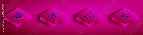 Set Isometric line Live stream, Old film movie countdown frame, Megaphone and Walk of fame star icon. Vector