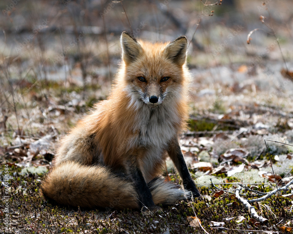 Red Fox Photo Stock. Fox Image. Close-up profile view side and sun on its body in the spring season displaying fox tail, fur, in its environment and habitat with a blur foliage background. Portrait.