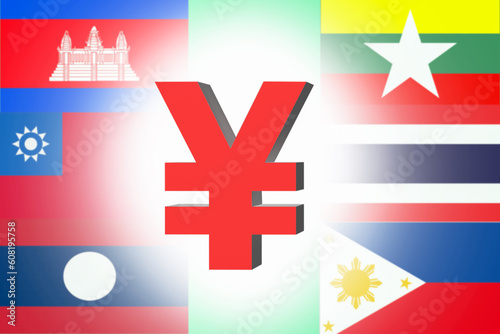 Yuan symbol and flags of Southeast Asia countries. Concept of single currency, economic trade between China and countries of Asia.