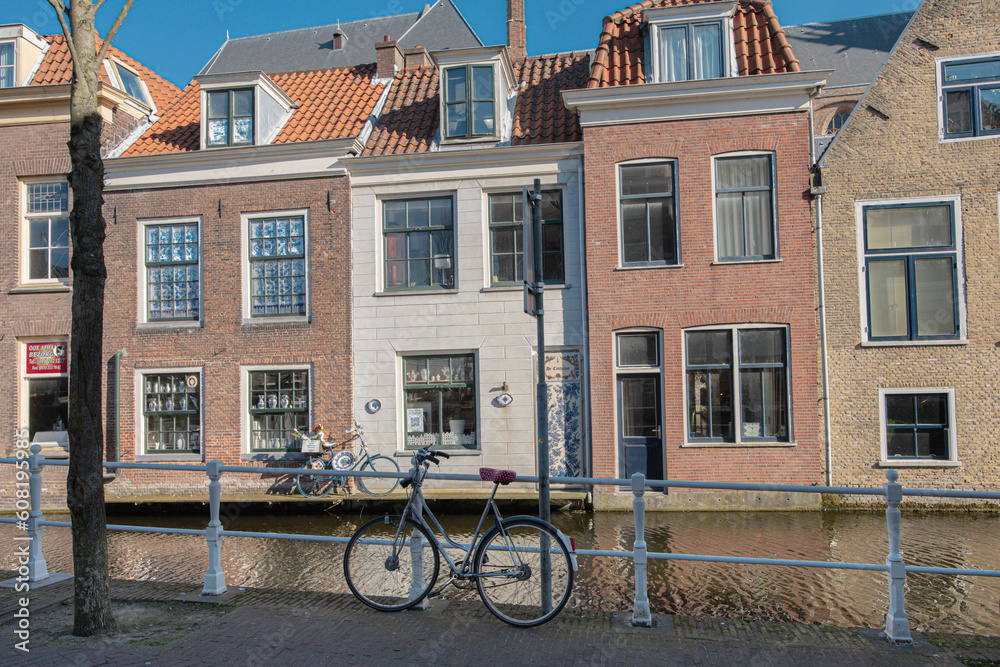 Canals, Brick Houses, Parked Bicycles in Delft, Netherlands