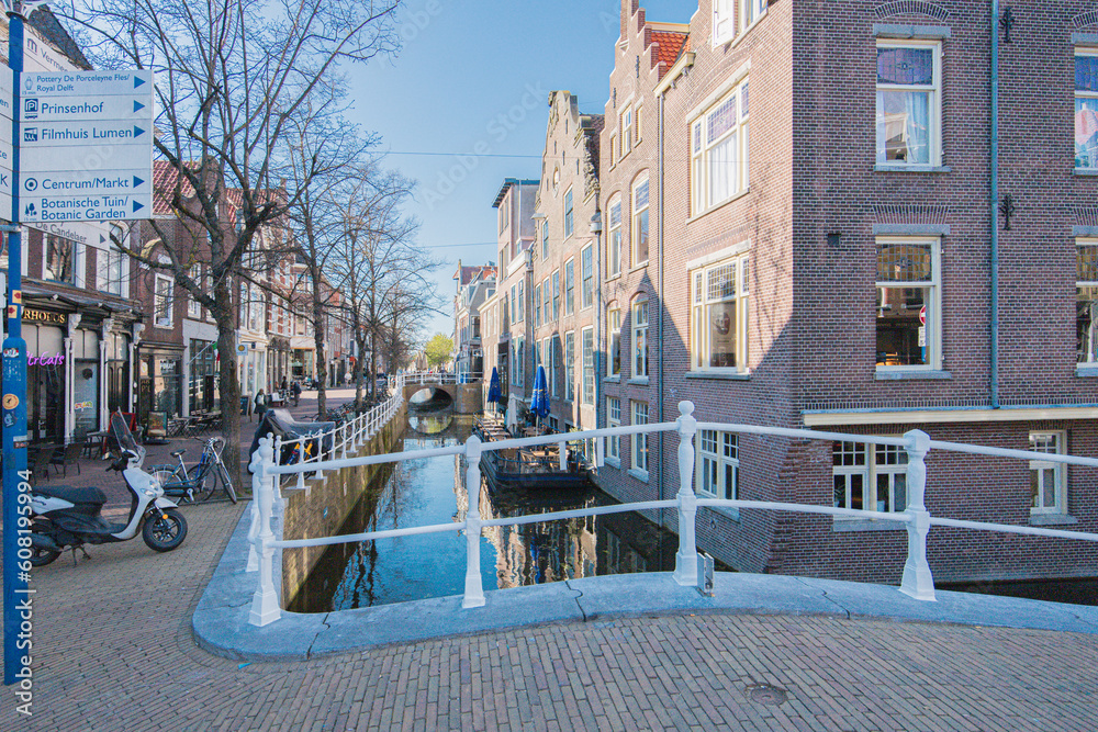 Canals, Brick Houses, Parked Bicycles and a Bridge Over the Canal, in Delft, Netherlands