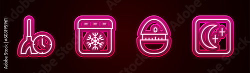 Set line Cleaning time, Calendar winter, Kitchen timer and Moon and stars. Glowing neon icon. Vector