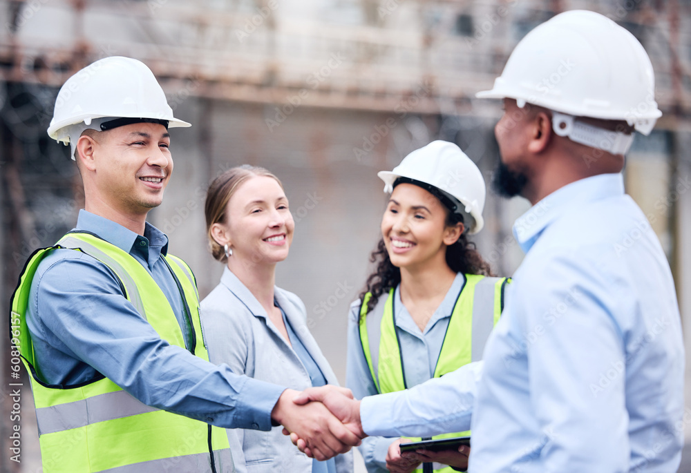 Business people, architect and handshake in meeting for construction, partnership or teamwork on site. Happy employee workers shaking hands for team building, architecture or b2b agreement in city
