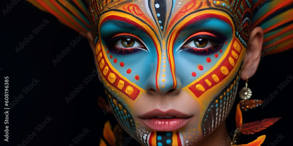 Fototapeta premium Hübsche Frau Model Gesicht mit schönem Bodypainting Bemalung blickt in die Kamera, ai generativ