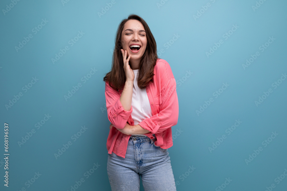 incredibly smiling happy young lady in a stylish summer look on a studio isolated background incredibly smiling happy young lady in a stylish summer look on a studio isolated background