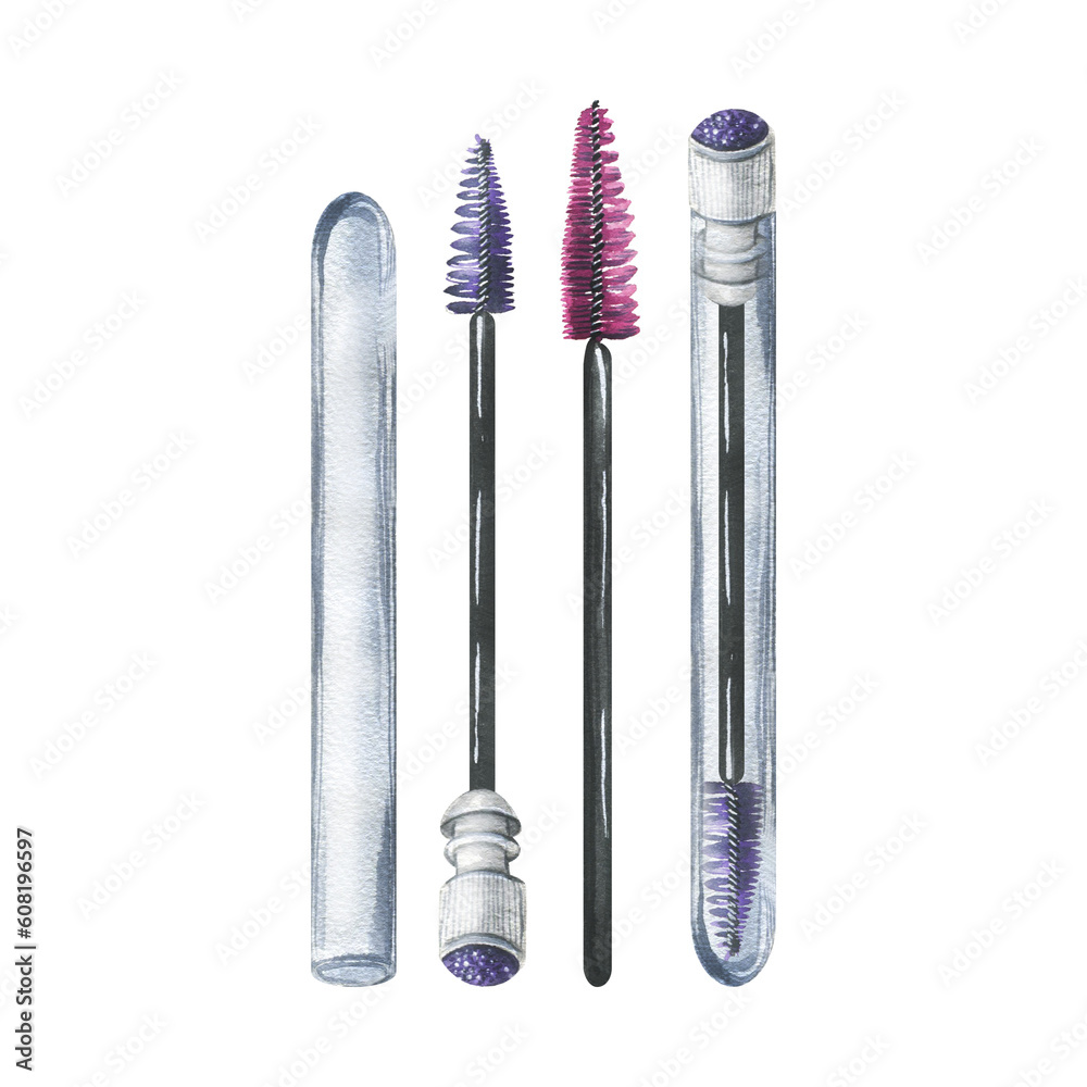 A set of brushes for eyelashes and eyebrows in a transparent flask. Hand drawn watercolor illustration. Isolated objects on a white background. A set of brushes for eyelashes and eyebrows in a transparent flask. Hand drawn watercolor illustration. Isolated objects on a white background.