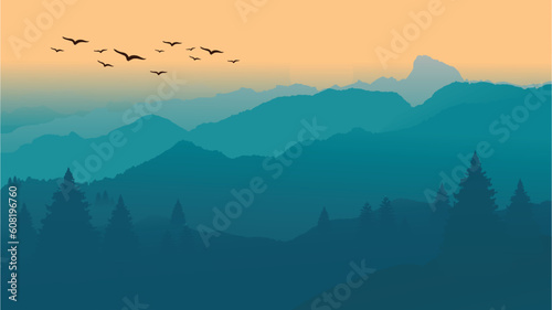 A beautiful, colorful, abstract mountain scenery in sunrise. Minimalist landscape of mountains in morning in blue tones. Mountain vector background 