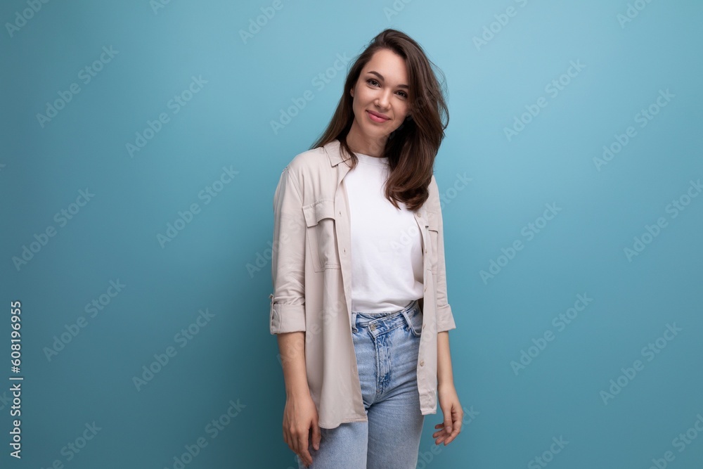stylish dreamy 30 year old female person in elegant look smiling on
