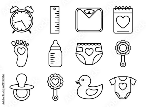 Outline baby icon set isolated on white background. Metric, toys, feeding and care.
