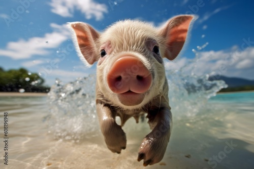 happy pig on the beach. Generative AI
