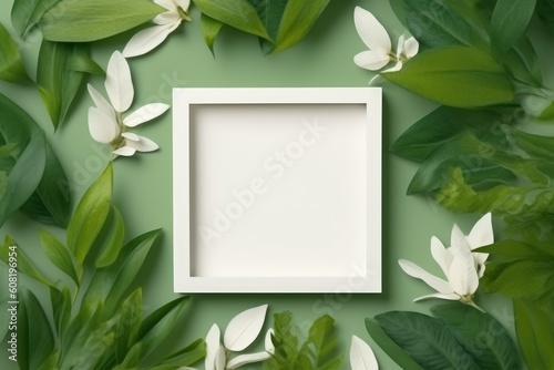 empty frame with green leaves mockup. green ivy frame. white background. Generative AI