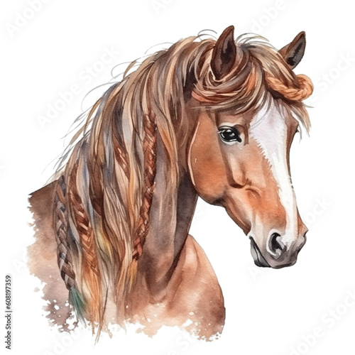 Gentle Brown Horse With A Wreath Water Color, Generative AI