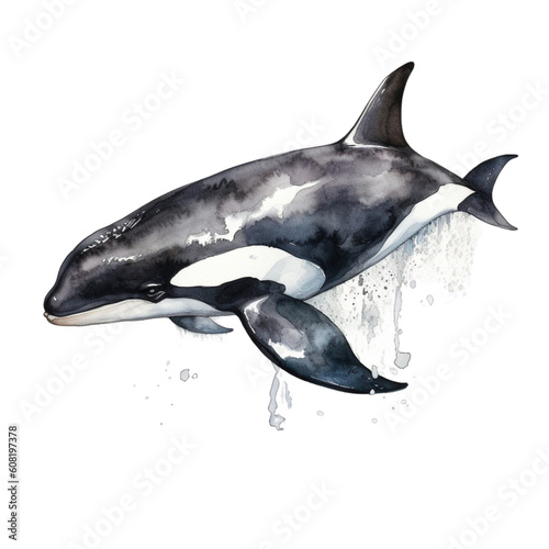 , Watercolor, GGraceful Black And White Orca Whale, Watercolor, Generative AIenerative AI