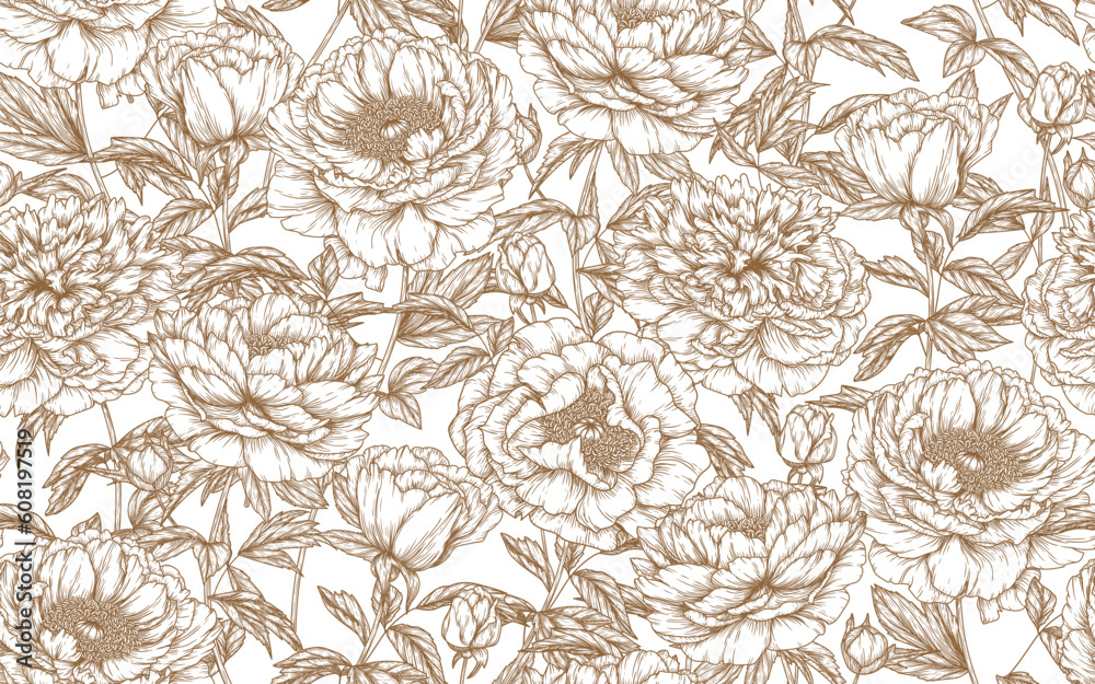 Obraz premium Seamless vector pattern garden of peony flowers in engraving style