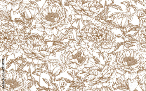 Seamless vector pattern garden of peony flowers in engraving style