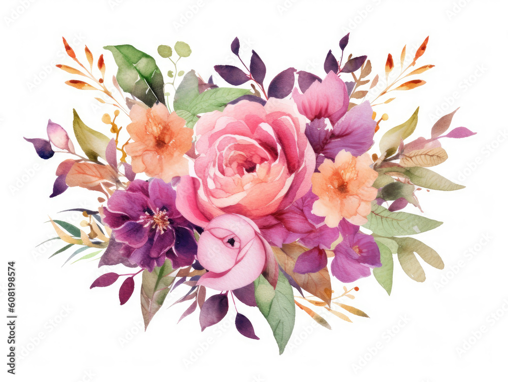 watercolor colorful flowers, botanic watercolor, floral illustration