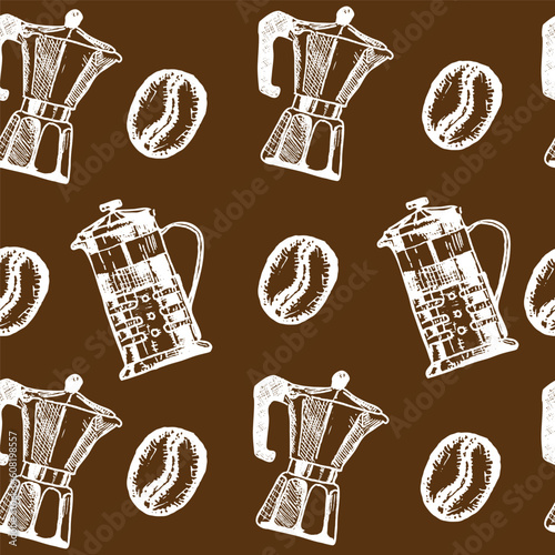 Seamless vector pattern with geyser coffee maker, French press and coffee beans on a brown background.