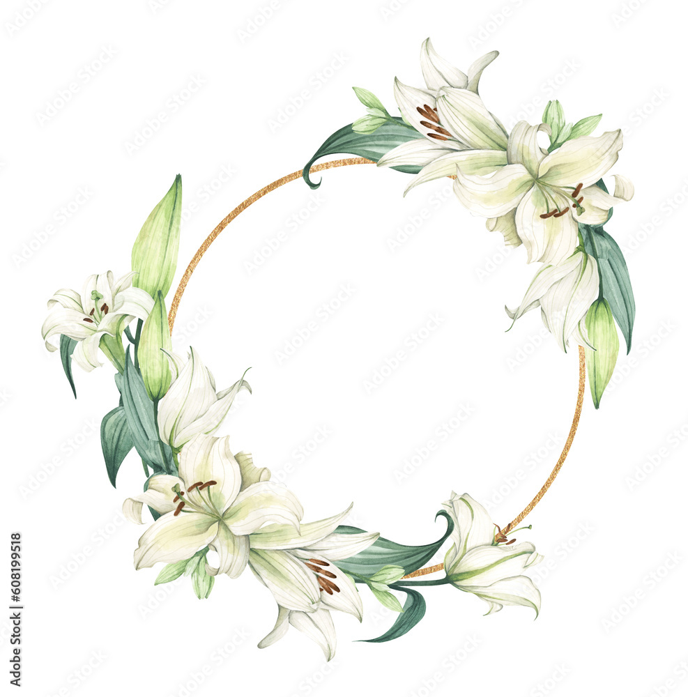 Naklejka premium White lily. Floral bouquet. Hand drawn clipart for wedding invitations, birthday stationery, greeting cards, scrapbooking. Watercolor illustration.