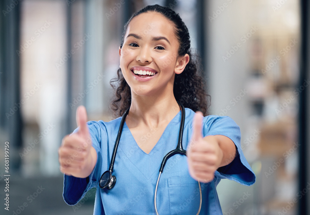 Happy woman, doctor and portrait smile with thumbs up for healthcare, winning or success at the hospital. Female person or medical professional with thumb emoji, yes sign or like for goals at clinic Happy woman, doctor and portrait smile with thumbs up for healthcare, winning or success at the hospital. Female person or medical professional with thumb emoji, yes sign or like for goals at clinic