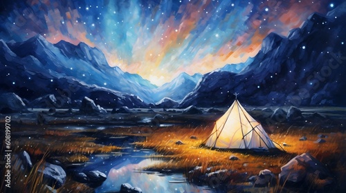 Tourist tent under night sky full of stars and Milky way. Generative AI