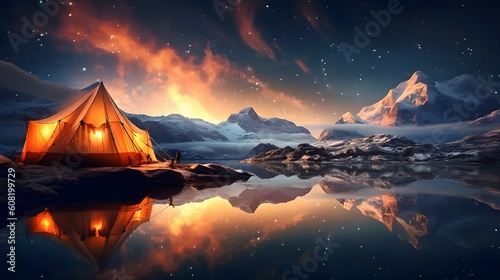 Tourist tent under night sky full of stars and Milky way. Generative AI