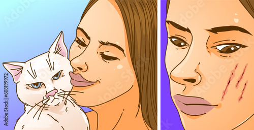 A young woman kiss cat. Cat scratched woman's face. Scratches on the skin. Healthcare illustration. Vector illustration.