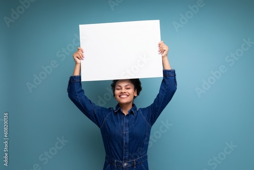 satisfied positive young hispanic brunette woman with fluffy curly hair in blue denim suit holding a white sheet of paper with a mockup for advertising