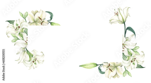 White lily. Floral bouquet. Hand drawn clipart for wedding invitations, birthday stationery, greeting cards, scrapbooking. Watercolor illustration. © Khaneeros