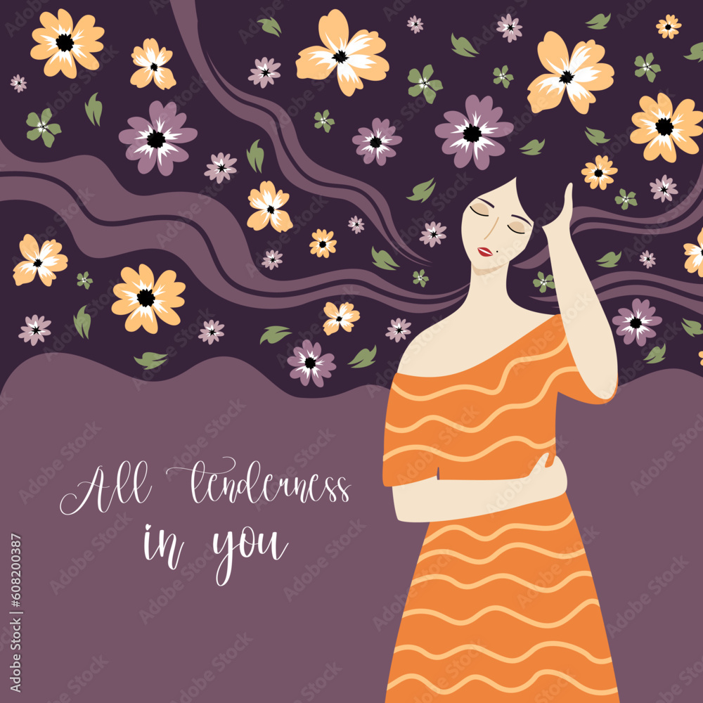 Vector illustration of a beautiful, tender girl with flowers in her hair and an inscription. The image is suitable for printing on clothes, postcards, banners.